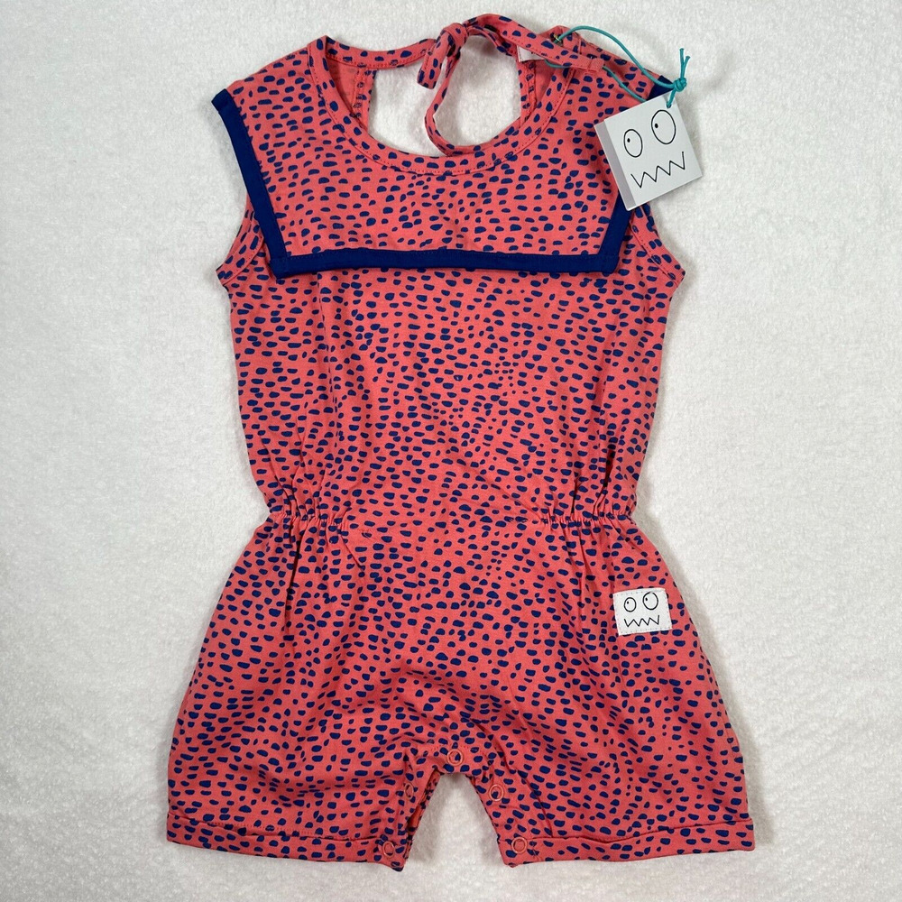 Indikidual Romper Dotted Baby 6/12 Months Pink/Blue Bib Collar Sleeveless